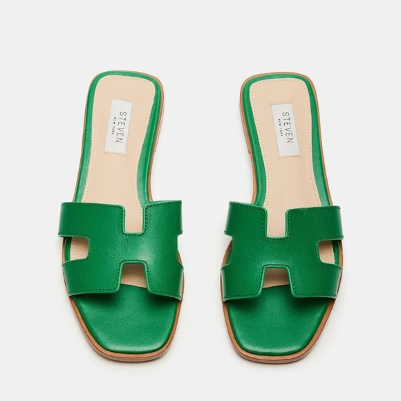 Steve Madden Shoes - Steve Madden HADYN COGNAC LEATHER Vibrant Green Slide Sandals